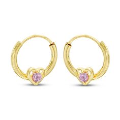 These cute children's hoop earrings feature an endless design and a small heart at the base of each. A round-cut pink cubic zirconia sits at the center of each heart to complete the pretty design. The earrings are fashioned in beautiful 14K yellow gold. Cubic Zirconia Hoop Earrings, Jewelry Lookbook, Pretty Design, Small Heart, Accessories Jewelry Earrings, Pink Stone, The Pretty, Earring Backs, Heart Earrings