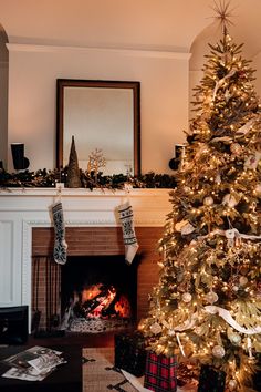 a decorated christmas tree sitting in front of a fire place