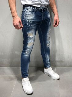 Snit Distressed Ripped Jeans - Blue 4228 - FASH STOP Mens Dressing Styles Casual, Ripped Jeans For Men, Casual Street Fashion, Ripped Jeans Style, Leather Jacket Men Style, Streetwear Jeans