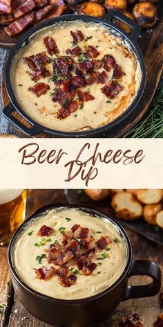 beer cheese dip with bacon in a cast iron skillet and other appetizers