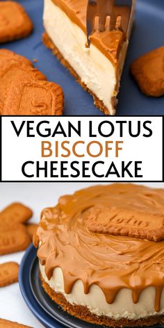 vegan lotus biscoff cheesecake on a blue plate