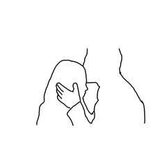 a black and white line drawing of two people facing each other with one holding the other's head