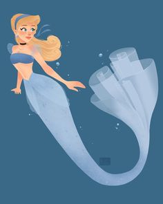 a mermaid with long blonde hair is floating in the water and looking at something behind her