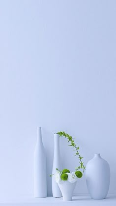 three white vases with flowers in them on a shelf