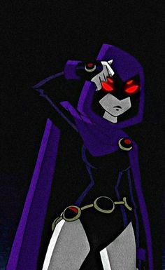 the animated character is dressed in purple and black, holding two knives with red eyes