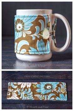 a coffee mug sleeve with flowers on it and the words free sewing pattern next to it