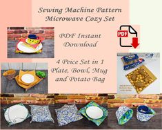 sewing machine pattern microwave cosy set with 4 pieces in 1 place, bowl, mug and potato bag