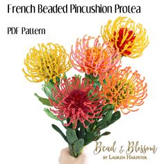 an arrangement of flowers in a vase with the words french beaded pincusion protea