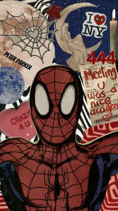 a spider - man is standing in front of a poster with candles and signs on it