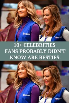 two women in blue and white outfits with the words 10 celebritys fans probably didn't know are besties