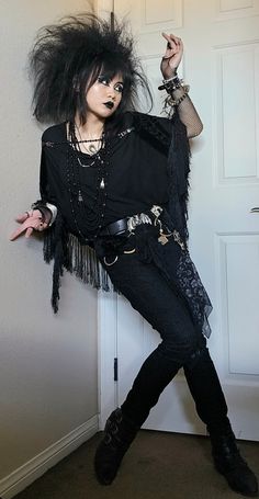 Gorgeous trad Goth style, Goth girl, Goth aesthetic, Goth fashion Goth big hair Deathrocker Fashion, Trad Goth Fashion 80s, 80s Black Outfit, Deathrock Outfits, Trad Goth Outfits 80s, Gothic Pose Reference, Goth Pose Reference, Punk Long Hair, Black Trad Goth