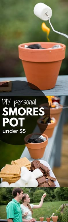 a man sitting on a bench next to a potted plant and another photo with the words diy personal smore's pot under $ 5