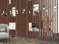 a living room filled with furniture and wooden slats on the wall next to a window