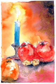 a watercolor painting of pomegranates and a candle