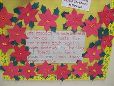 a bulletin board is decorated with poinsettis and christmas messages for the classroom