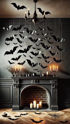 a fireplace with candles and bats hanging from it