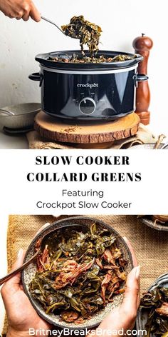 slow cooker collard greens with text overlay that reads slow cooker collard greens featuring crockpot slow cooker