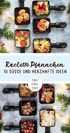 an assortment of different foods in trays with the words racete pranchen on them