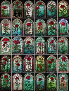 many different stained glass windows with red flowers in them and green leaves on each window