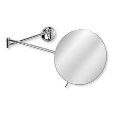 a round mirror mounted to the side of a metal wall mount hook on a white background