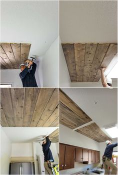 four pictures showing how to install wood planks on the ceiling in an apartment or kitchen