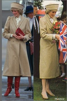 two pictures of women in coats and hats, one has a flag on her lap