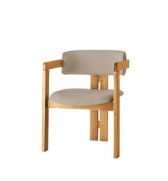 a wooden chair with a beige seat and back cushion on it's armrests