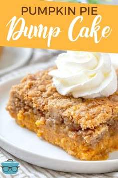 pumpkin pie dump cake on a white plate with whipped cream in the middle and text overlay that reads pumpkin pie dump cake