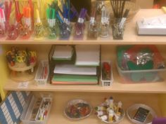 the shelves are filled with various school supplies