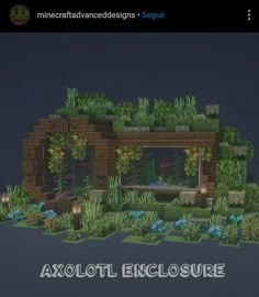 a screenshot of a house made out of plants and rocks with the words axolot enclosure above it