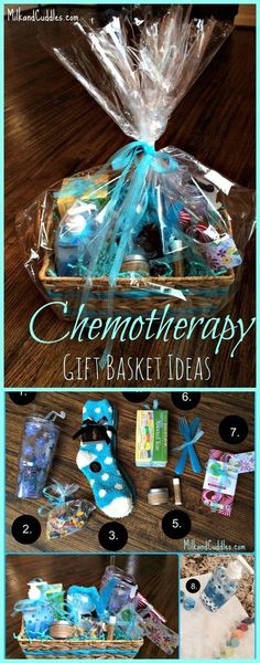 a basket filled with lots of items on top of a wooden table next to a blue ribbon