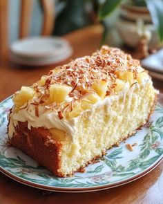 a piece of cake sitting on top of a blue and white plate