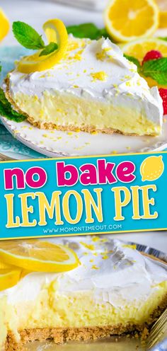 a no bake lemon pie on a plate with a blue sign in the background