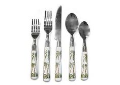 four forks, two spoons and one knife with palm trees on them are shown