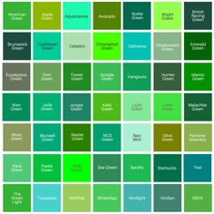 many shades of green are shown in the same color scheme, each with different names