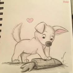 a pencil drawing of a dog standing on top of a log with a heart in the background