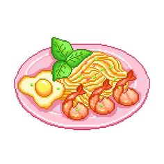 an image of a plate of food with noodles and eggs on it, in the style of pixelism