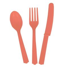 an orange plastic utensils and spoons on a white background