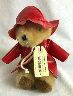 a teddy bear wearing a red raincoat and hat with a tag on its neck