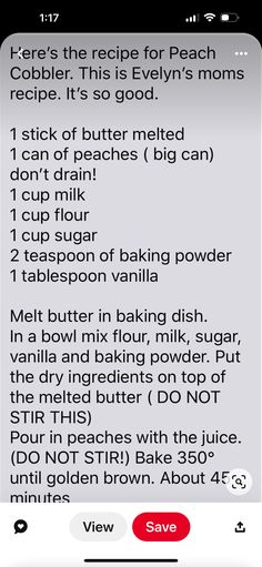 the recipe for peach cobbler is shown on an iphone screen, with text below it