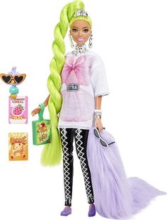 a barbie doll with long blonde hair and purple outfit holding a green bag in her hand