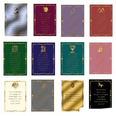 nine different colored cards with gold trimmings and symbols on each one, all in different colors