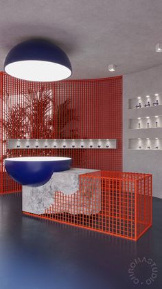 a room that has some red and blue cages in it