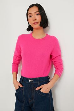 Hot Pink Cashmere Crewneck Sweater Mini Skirt Boots, Navy Corduroy Pants, Pink Wardrobe, Skirt Boots, Hot Pink Sweater, 50th Clothing, Hot Sweater, Plus And Minus, Spring 2025