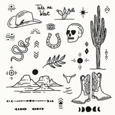 a black and white drawing of various items in the shape of a cactus, hat, boots