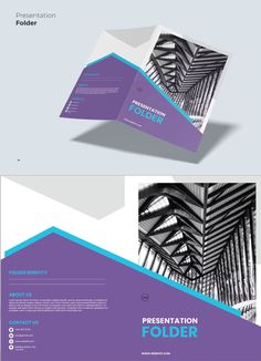 a purple and blue brochure with an abstract design on the front, back and side