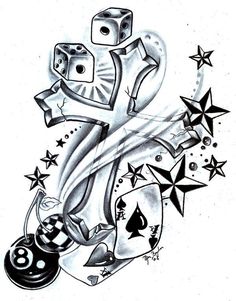 a tattoo design with dice and stars on it