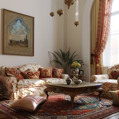 a living room filled with furniture and a chandelier hanging from the ceiling above it