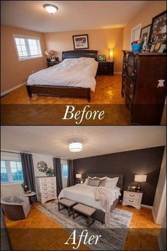 before and after pictures of a bedroom makeover with wood flooring, white bedding, gray walls