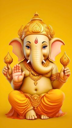 an elephant is sitting in front of a yellow background